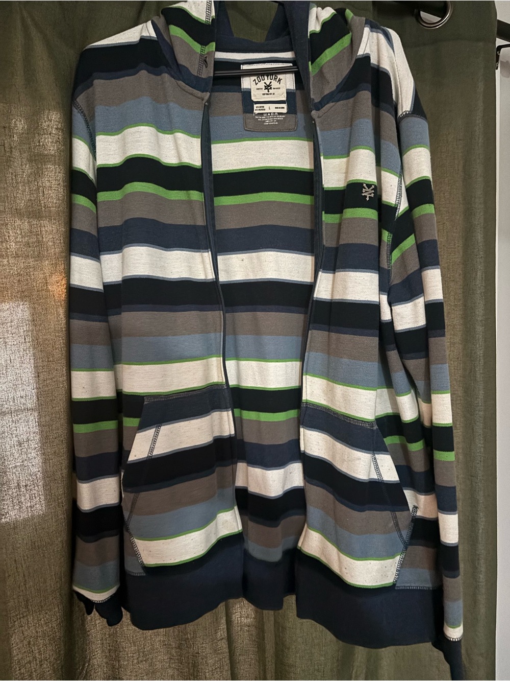 Vintage Zoo York Men's Striped Zip-Up Hoodie Sweater - Navy/Gray/Green